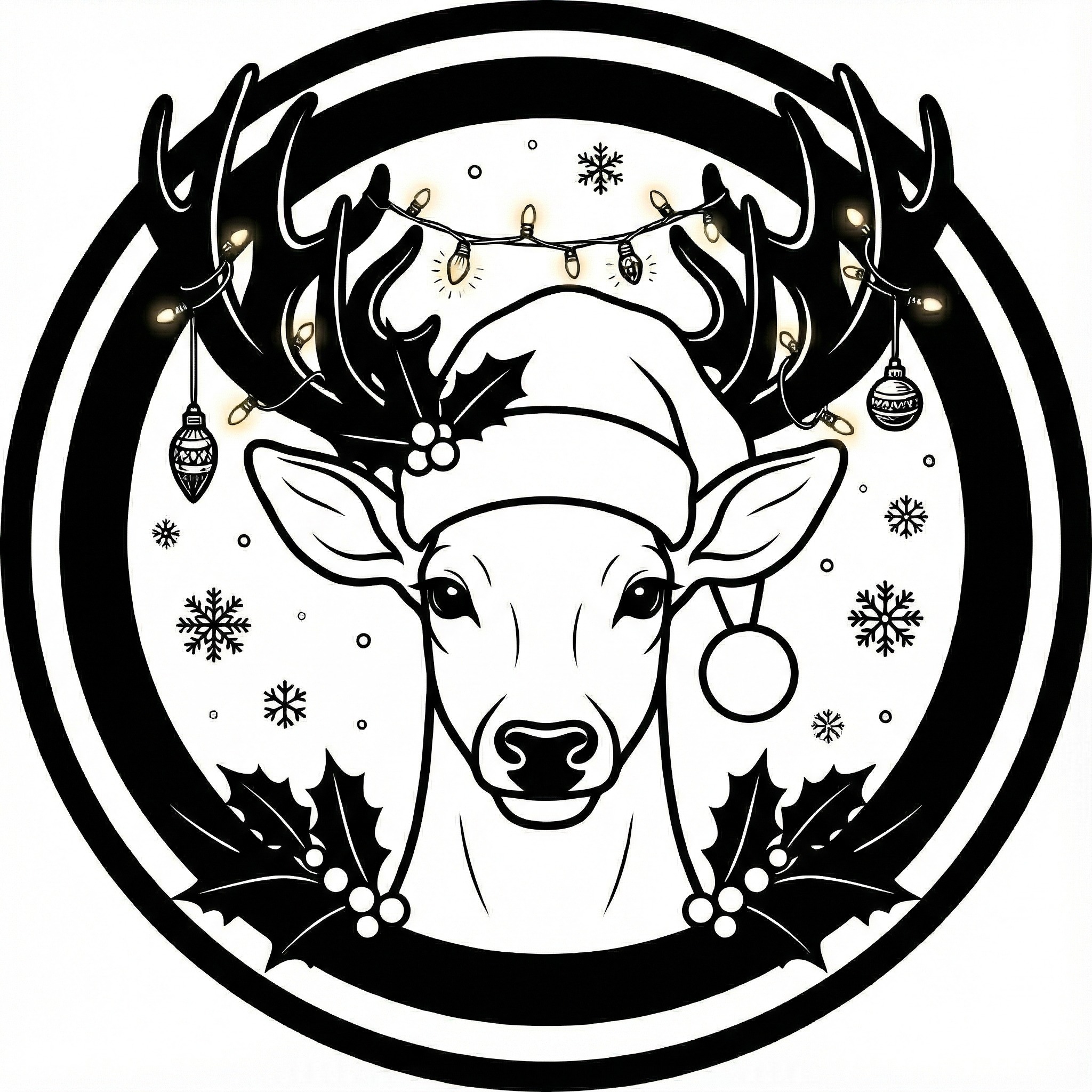 Grafika: renifer w czapce Mikołaja, z rogami ozdobionymi lampkami i bombkami, otoczony śnieżynkami i ostrokrzewem, w czarno-białej stylistyce, umieszczony w okręgu.