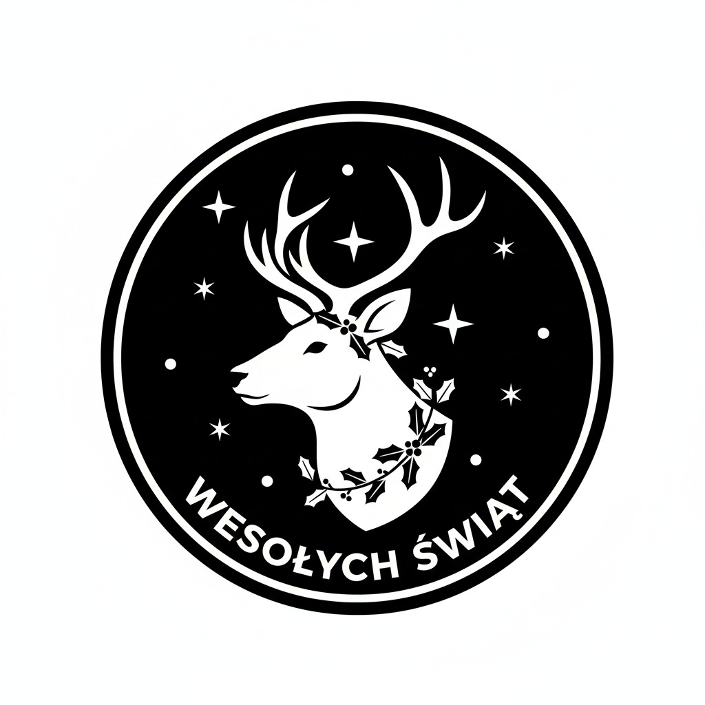 Grafika: głowa jelenia w okręgu z napisem 'Wesołych Świąt', czarno-biała, stylizowana, z gwiazdami i ostrokrzewem. Idealna na kartkę świąteczną lub logo.