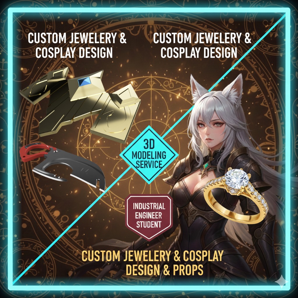 Grafika reklamowa: modelka w stroju fantasy prezentuje pierścionek, obok elementy zbroi i rekwizyty. Usługi modelowania 3D, projektowanie biżuterii i kostiumów cosplay.