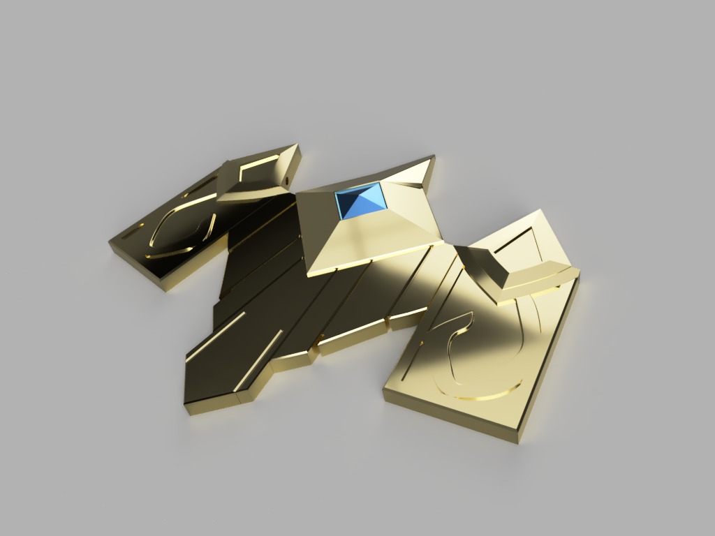 Złoty, geometryczny obiekt z niebieskim akcentem, prawdopodobnie model 3D lub element dekoracyjny, na jednolitym tle. Widoczne detale i precyzja wykonania.