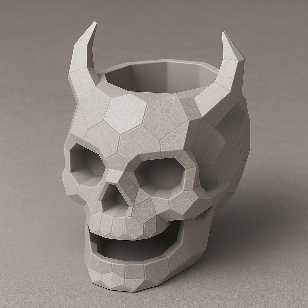 Geometryczny model czaszki z rogami, wydrukowany w 3D w odcieniach szarości. Widoczne fasetowane powierzchnie i puste oczodoły. Nowoczesny design.