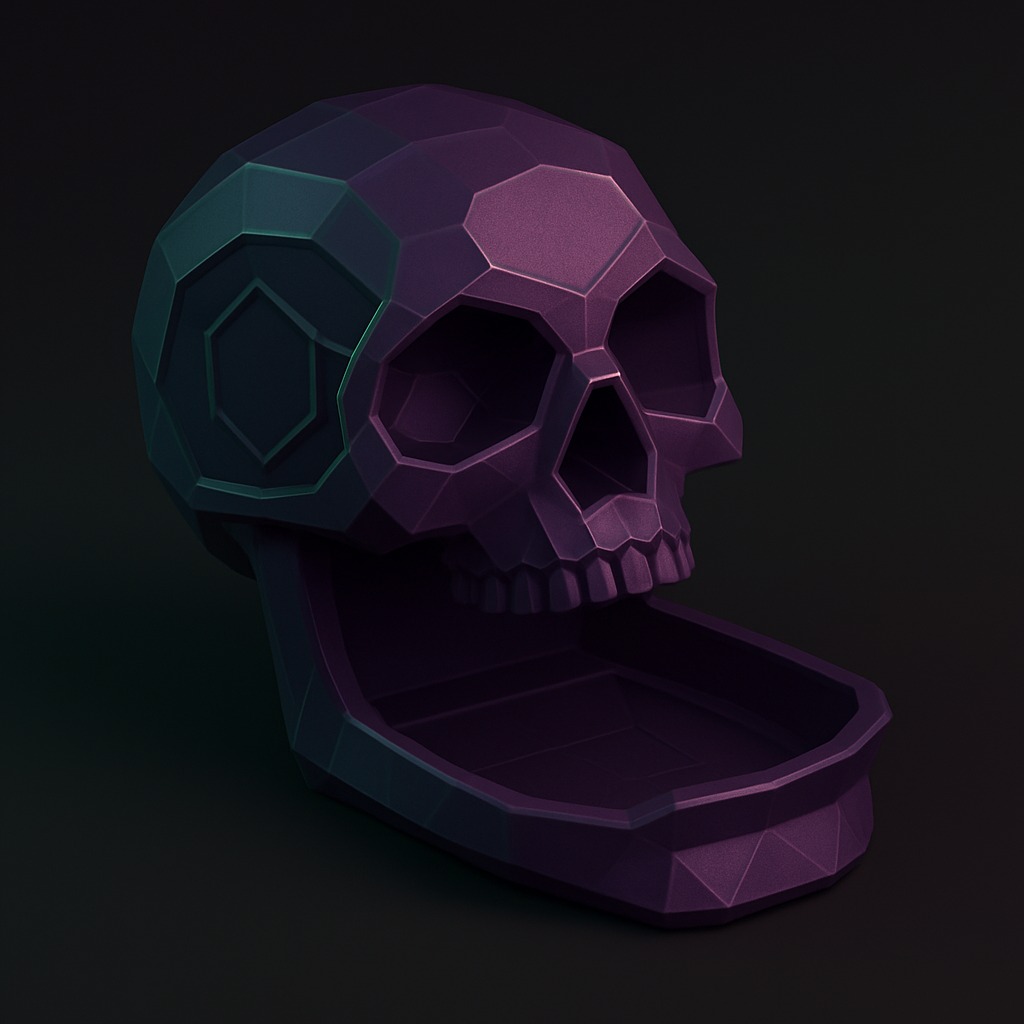 Fasetowany model czaszki w odcieniach fioletu i zieleni, z otwartą szczęką tworzącą pojemnik. Nowoczesny design, render 3D na ciemnym tle.