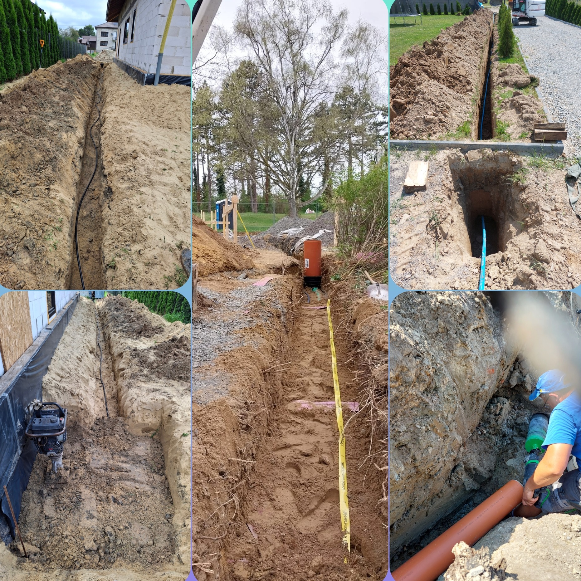 Kompozycja zdjęć z różnych etapów prac ziemnych: wykopy pod instalacje, rury w ziemi, zagęszczanie gruntu. Widoczne narzędzia i elementy infrastruktury.