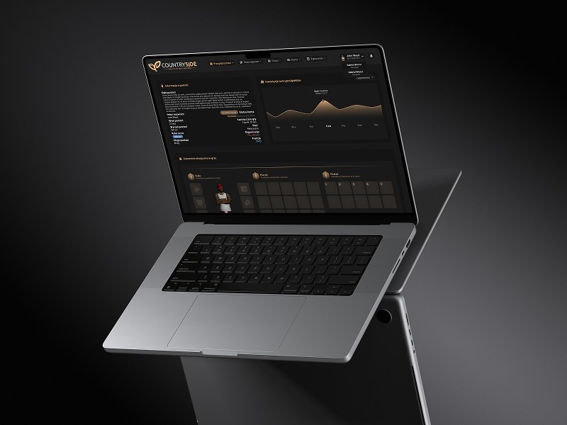 Laptop z otwartą stroną internetową Countryside na ciemnym tle. Widoczny interfejs użytkownika z danymi i grafikami. Minimalistyczny design, nowoczesny wygląd.