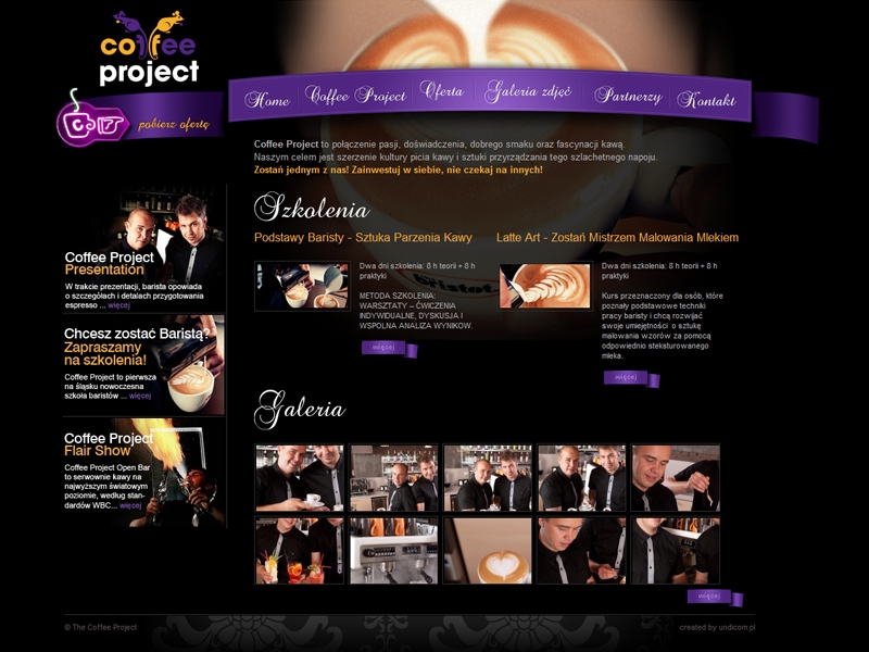 Zrzut ekranu strony internetowej 'Coffee Project' z nagłówkiem, menu nawigacyjnym, sekcjami o szkoleniach baristów i galerii zdjęć, z elementami graficznymi i tekstowymi.
