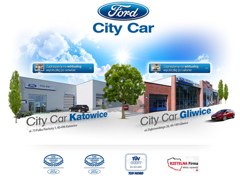 Grafika reklamowa salonów samochodowych Ford City Car w Katowicach i Gliwicach, z zaproszeniem na wirtualny spacer po serwisie i salonie oraz certyfikatami jakości.