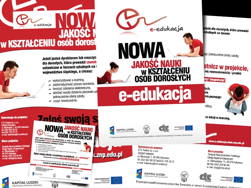 Ulotki reklamowe projektu e-edukacja z hasłem 'Nowa jakość nauki w kształceniu osób dorosłych', prezentujące osoby korzystające z laptopów, z logotypami projektu i danymi kontaktowymi.
