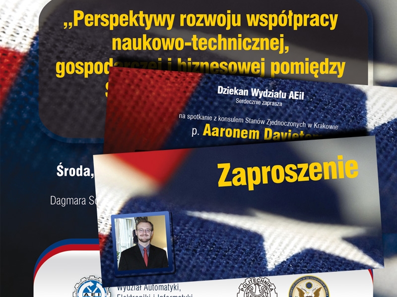 Plakat zapraszający na spotkanie dotyczące współpracy naukowo-technicznej i biznesowej, z motywem flagi USA w tle i zdjęciem osoby zapraszającej.