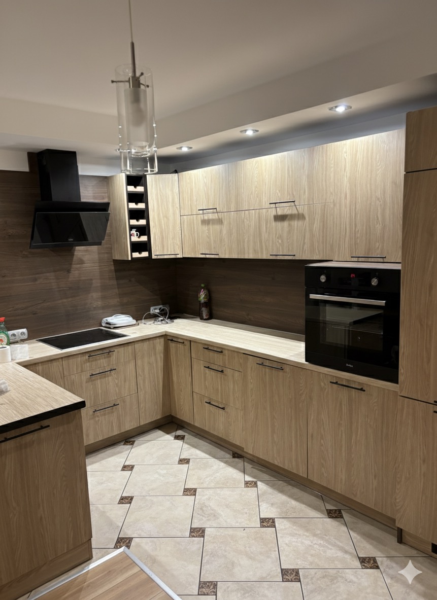 Jasna kuchnia z drewnianymi frontami, czarnym okapem i piekarnikiem. Uwagę przykuwa wzorzysta podłoga i nowoczesna lampa wisząca nad blatem.