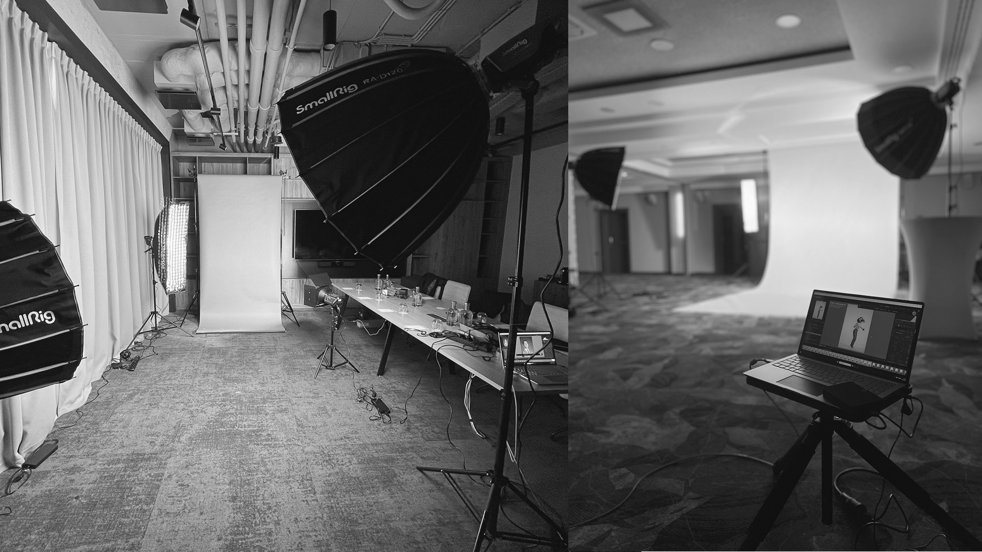 Czarno-białe zdjęcie przedstawia studio fotograficzne z lampami SmallRig, tłem i laptopem na statywie, ukazując przygotowania do sesji zdjęciowej w pomieszczeniu.