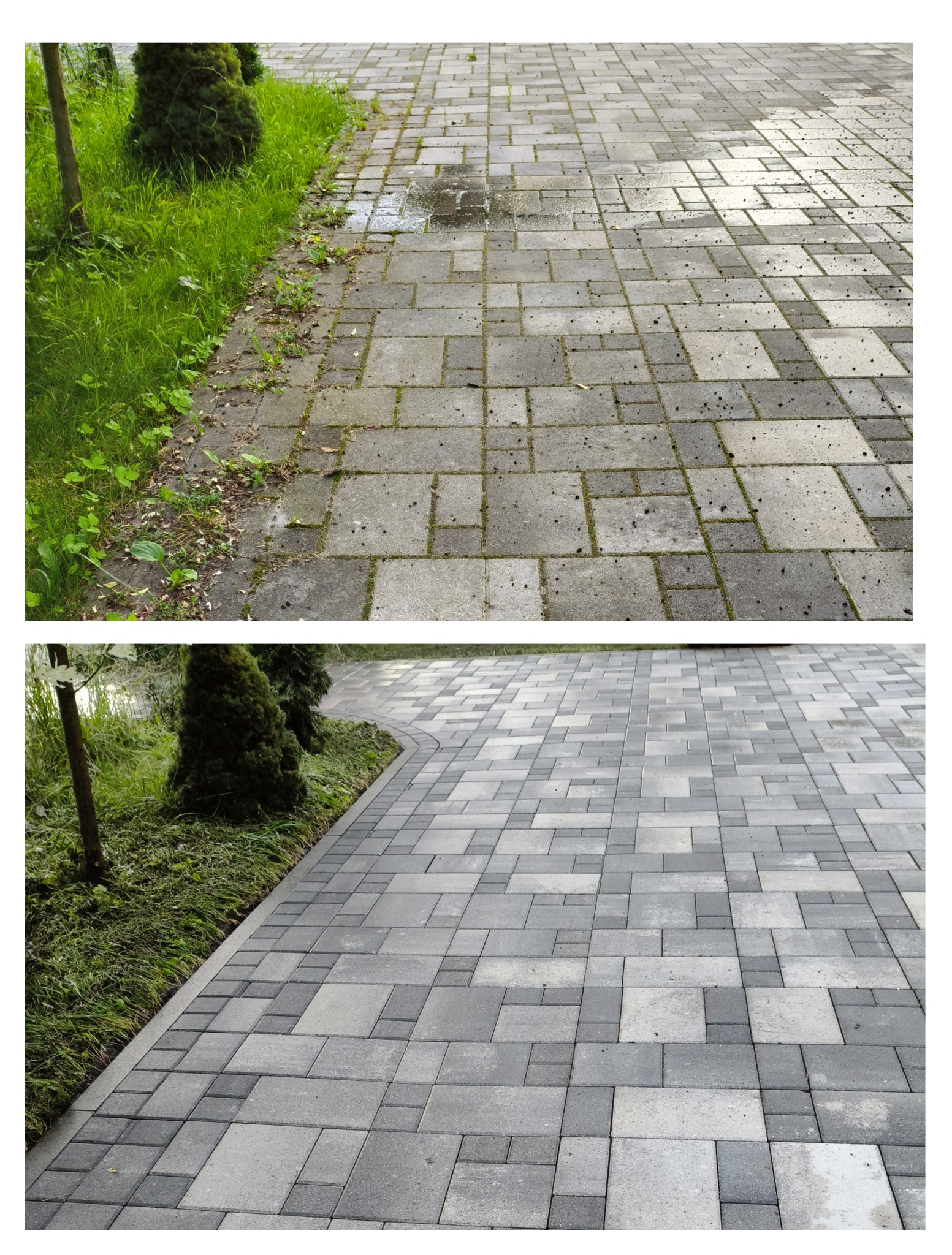 Zdjęcie 'przed i po' czyszczenia kostki brukowej. Górna część: brudna, porośnięta mchem kostka. Dolna część: czysta, szara kostka brukowa z zadbaną zielenią.