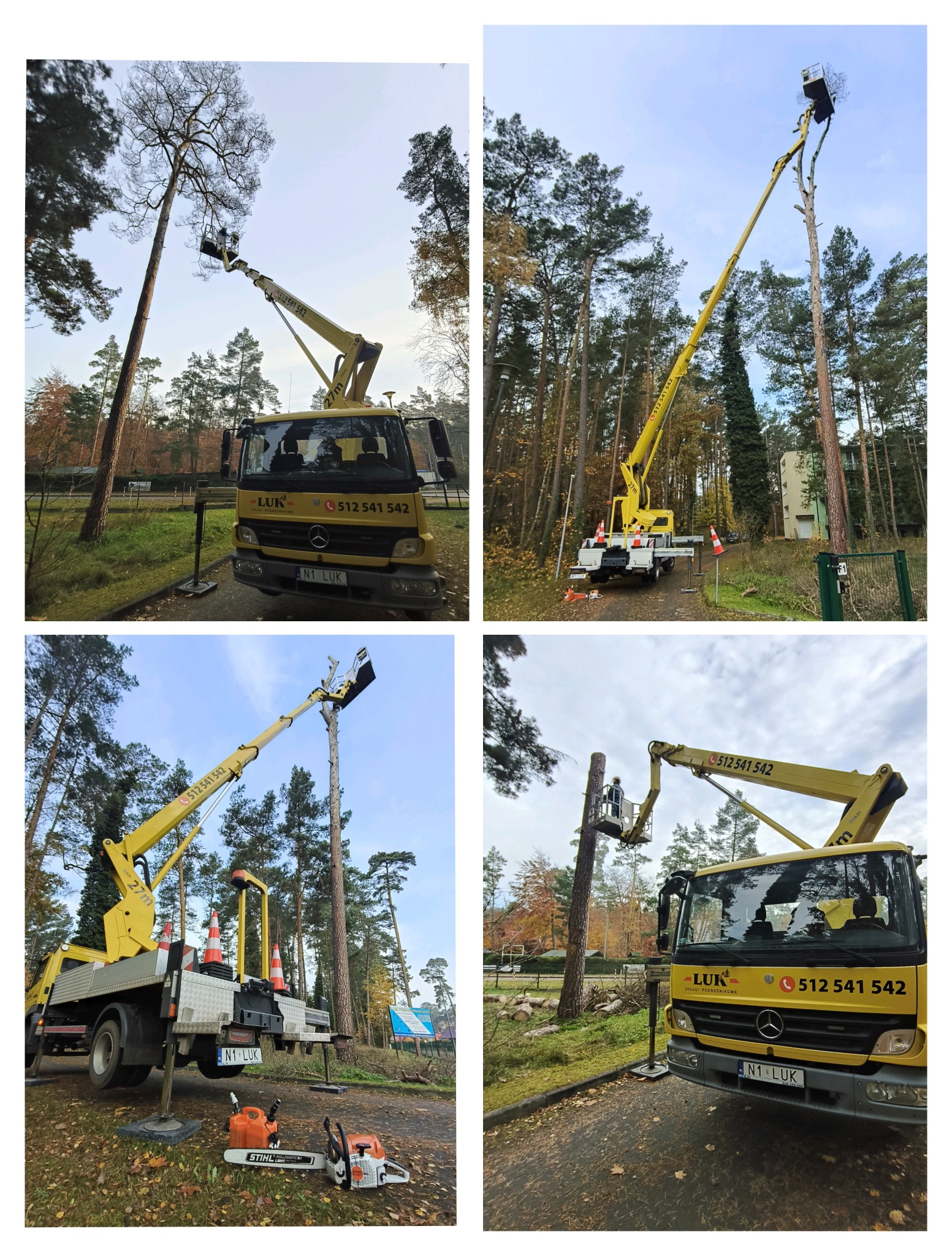 Żółty podnośnik koszowy na tle drzew podczas przycinania gałęzi. Widoczne pnie po wycince, piły spalinowe i oznakowanie terenu. Prace na wysokości z użyciem specjalistycznego sprzętu.