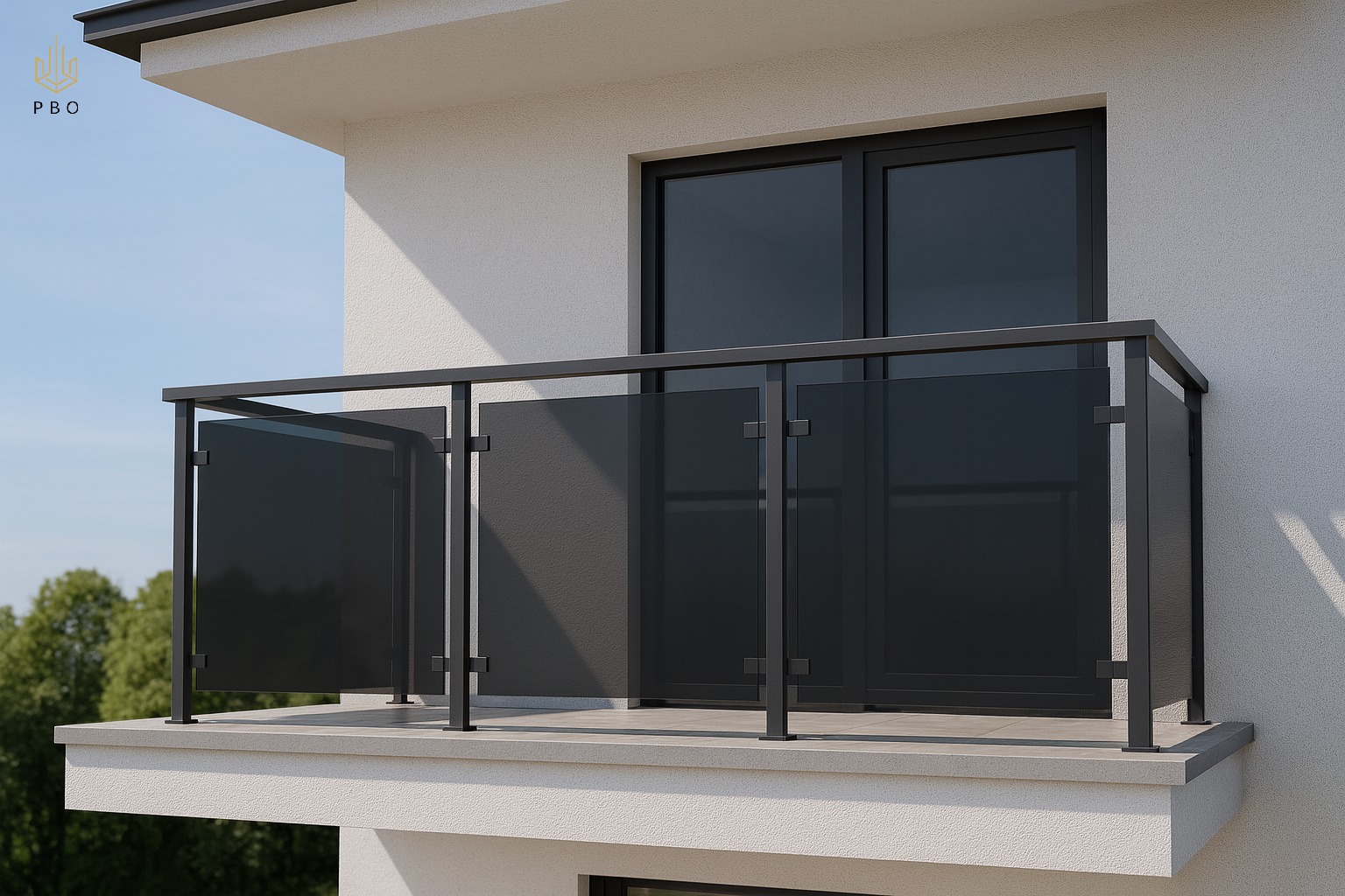 Nowoczesna balustrada balkonowa z grafitowego szkła i metalu, minimalistyczny design, jasna elewacja budynku, widok z dołu, subtelne oświetlenie.