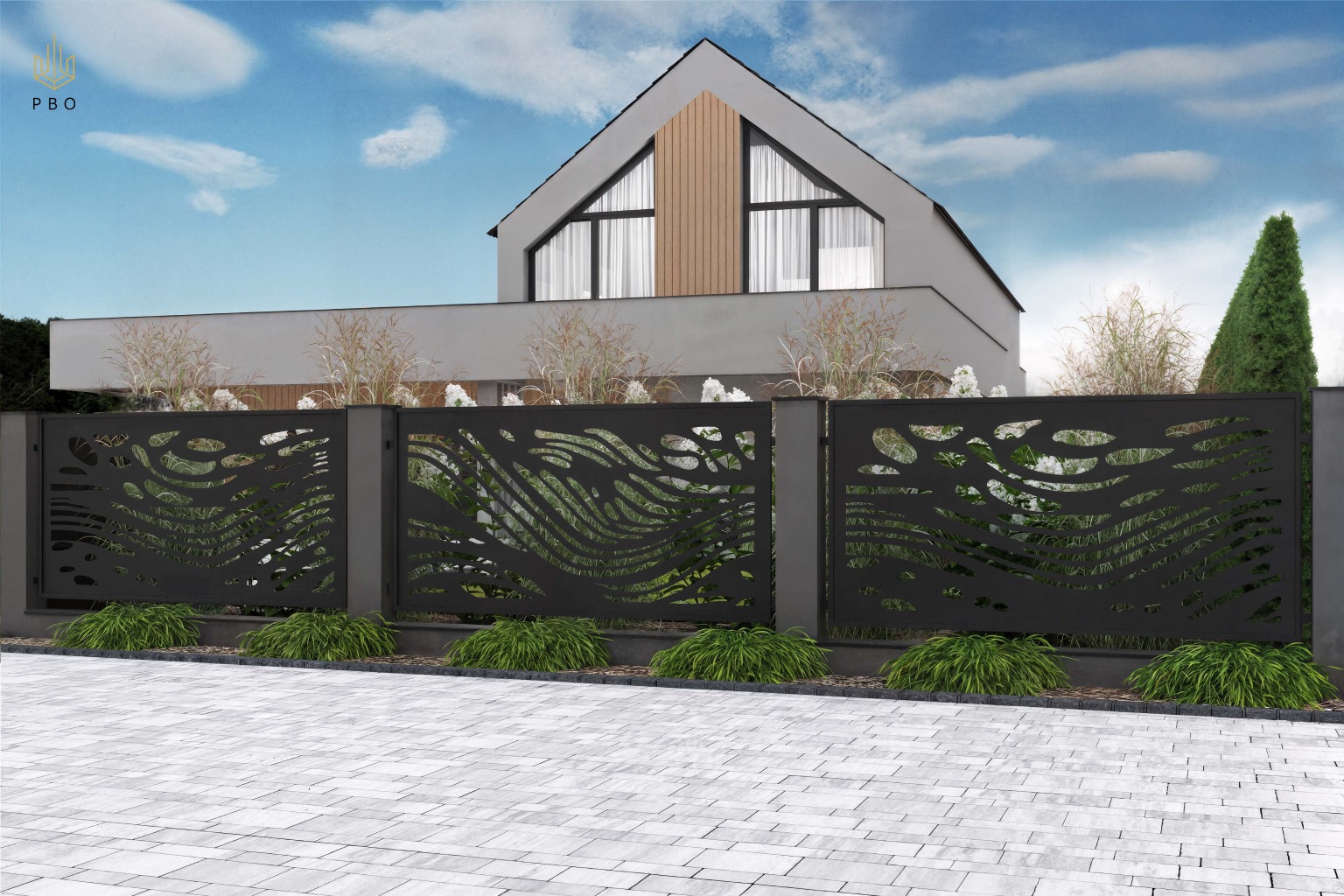 Nowoczesne ogrodzenie panelowe z abstrakcyjnym wzorem na tle domu z ogrodem. Minimalistyczny design, czarne panele, szara kostka brukowa.