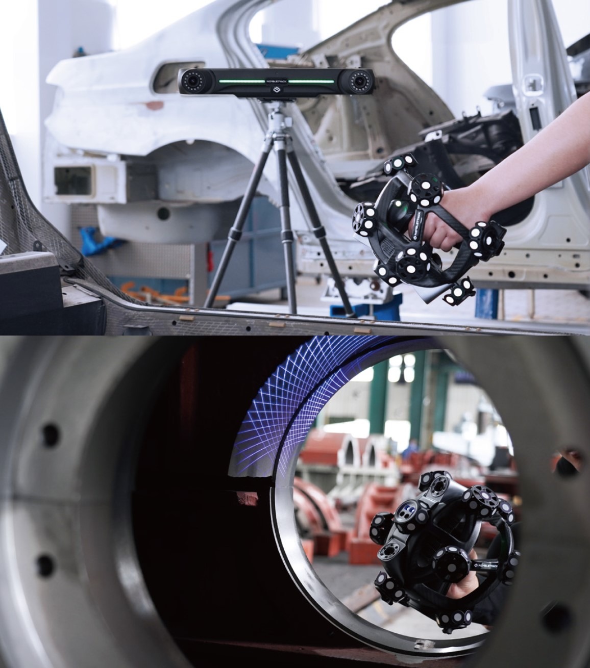 Skanowanie 3D karoserii samochodu za pomocą skanera ręcznego i stacjonarnego. Widoczna siatka skanu na elemencie. Precyzyjne pomiary w inżynierii.