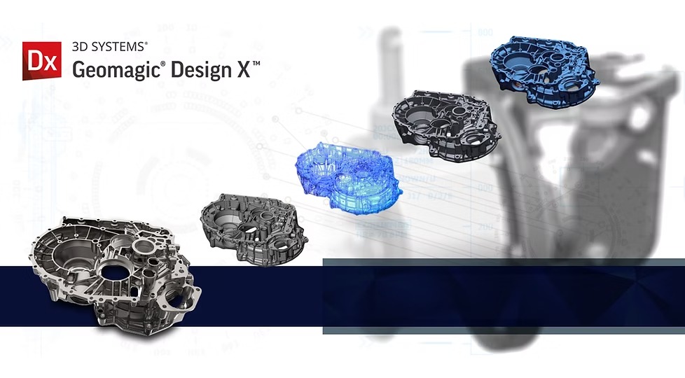 Grafika 3D Systems Geomagic Design X prezentuje model skrzyni biegów w różnych stadiach projektowania, od surowego odlewu po model wirtualny z siatką.