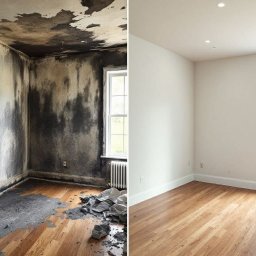 NOWE GORYZONTY SPÓŁKA Z OGRANICZONĄ ODPOWIEDZIALNOŚCIĄ - Pokój po pożarze i po remoncie: ściany i sufit odnowione, podłoga wyczyszczona, okno z grzejnikiem zachowane. Widok przed i po renowacji.