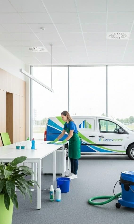 Kobieta w zielonym fartuchu czyści białe biurko w jasnym biurze. W tle widoczny firmowy samochód z logo i nazwą firmy sprzątającej. Minimalistyczne wnętrze.