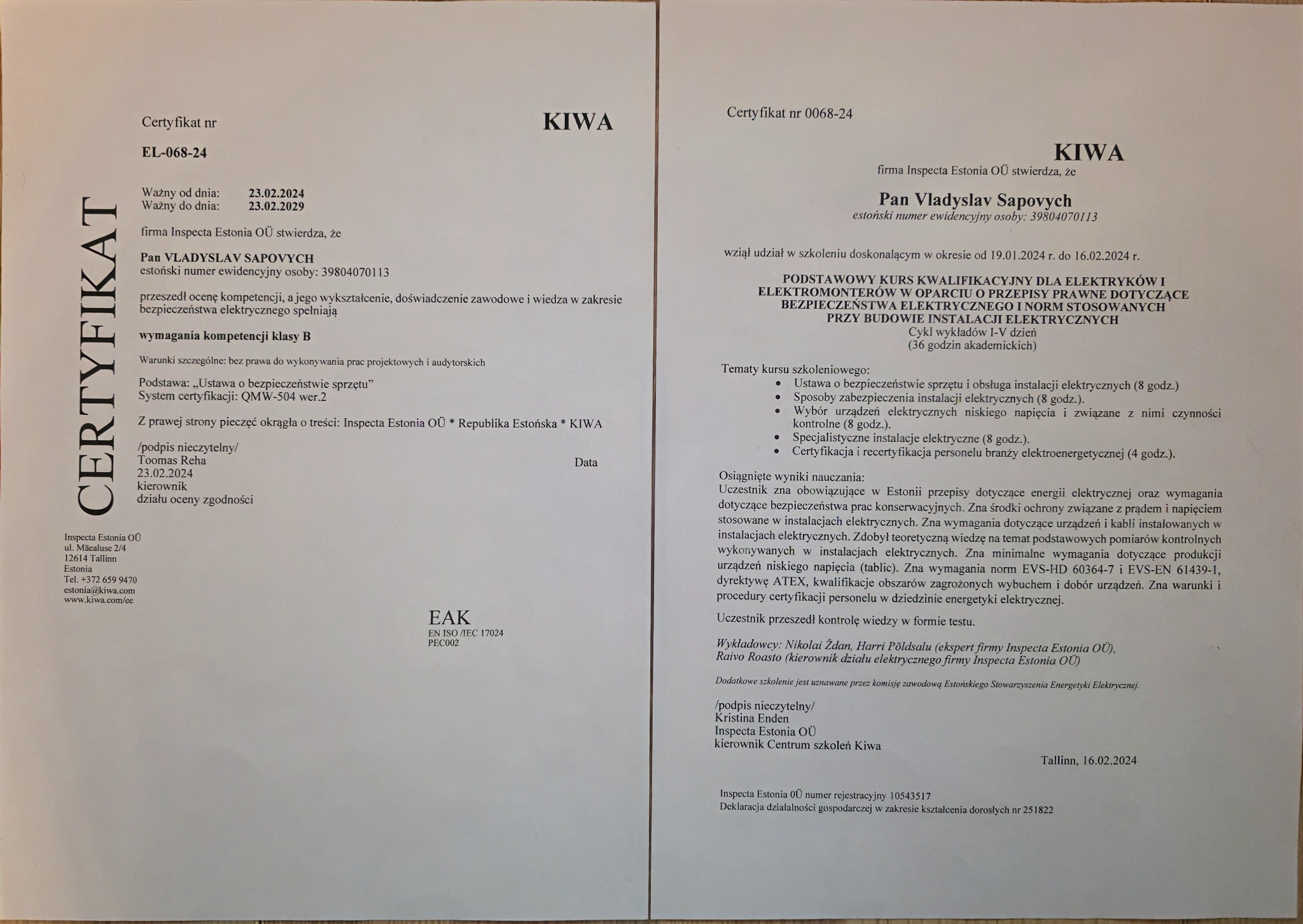 Dwa certyfikaty firmy Inspecta Estonia OÜ potwierdzające kompetencje i kwalifikacje w zakresie bezpieczeństwa elektrycznego, z datami ważności i podpisami.
