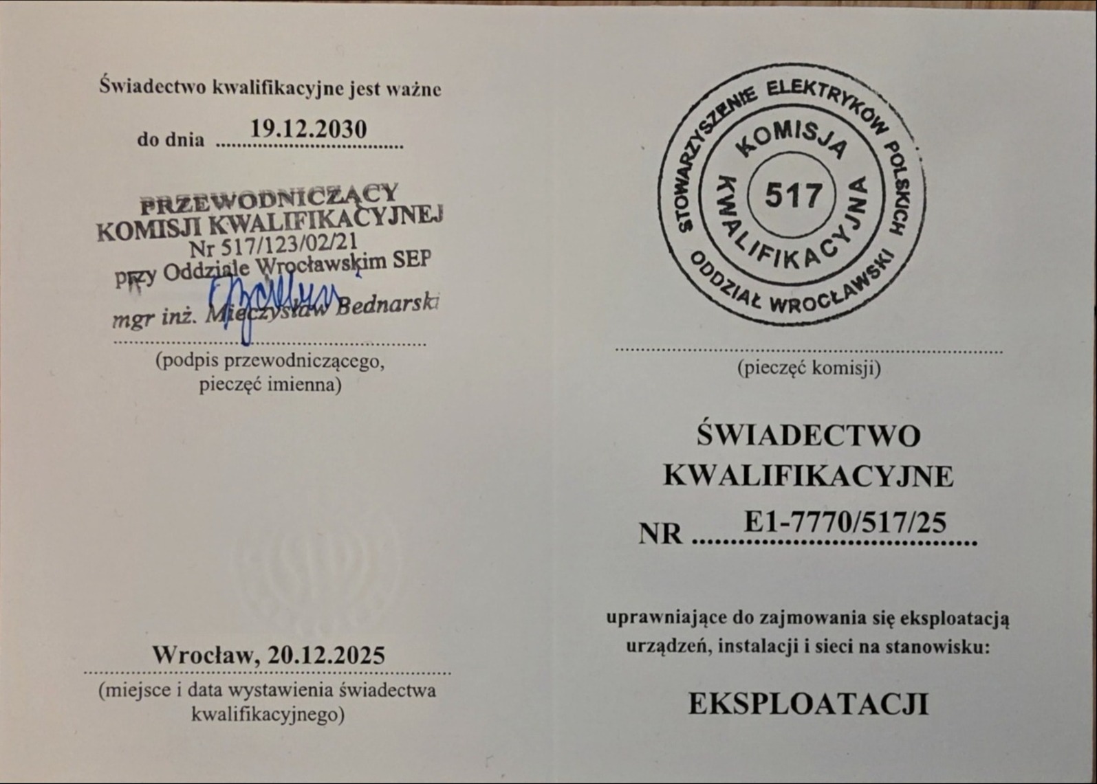 Mamy uprawnienia SEP G1.