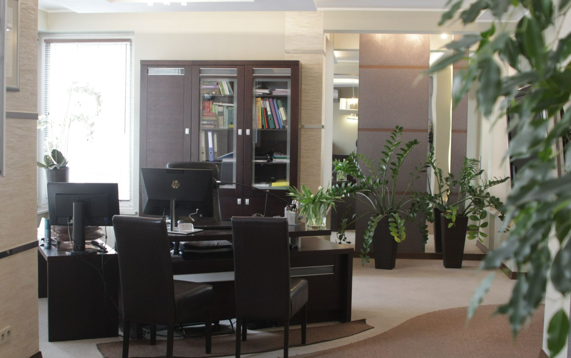 Nowoczesne biuro z ciemnymi meblami, dwoma monitorami na biurku i roślinami doniczkowymi. Widok na regał z książkami i okno z żaluzjami.