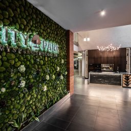 Wera Wysk Fotografia - Wnętrze nowoczesnego apartamentu z zieloną ścianą z mchu i podświetlanym logo 'City Park Wyspiańskiego 26'. Widoczna kuchnia z wyspą i designerskie oświetlenie.