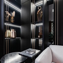 Wera Wysk Fotografia - Nowoczesny, czarny regał z podświetleniem LED, dekoracjami i stolikami z marmurowym blatem. Fragment sofy w jasnym odcieniu. Minimalistyczny design wnętrza.