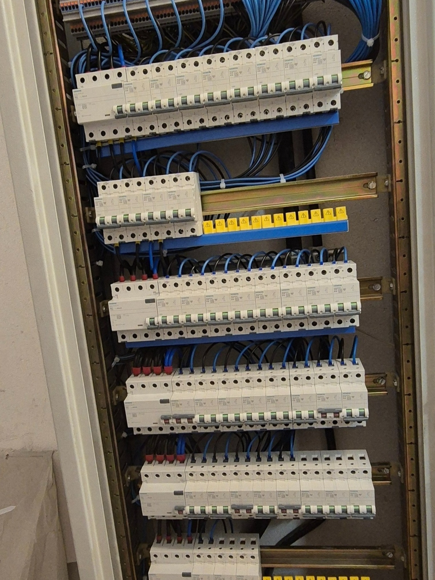 Rozdzielnica elektryczna z zamontowanymi bezpiecznikami i niebieskimi przewodami, widok z bliska na elementy instalacji wewnątrz szafy.