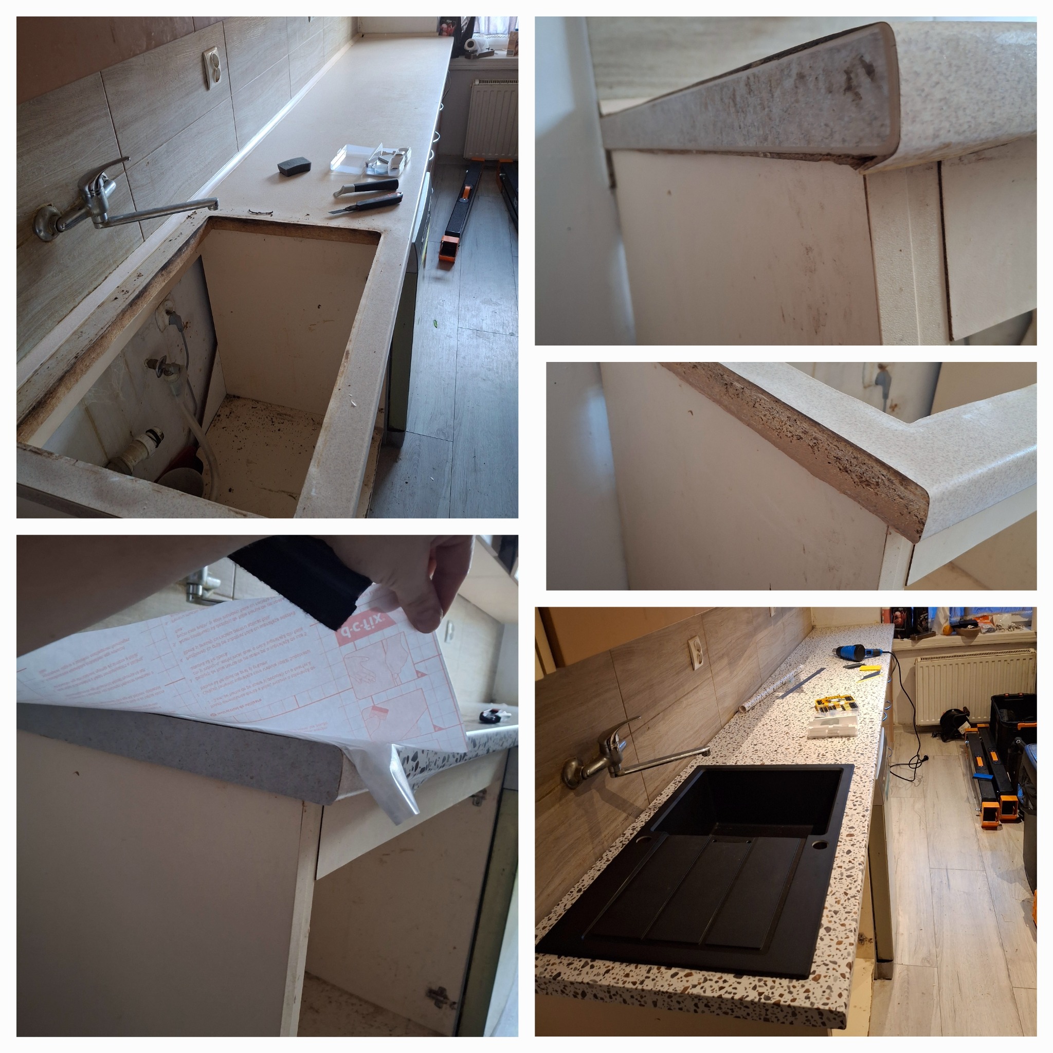 Oklejenie blatu wraz z naprawą uszkodzonych rantów i wymianą zlewu . Szybko i estetycznie