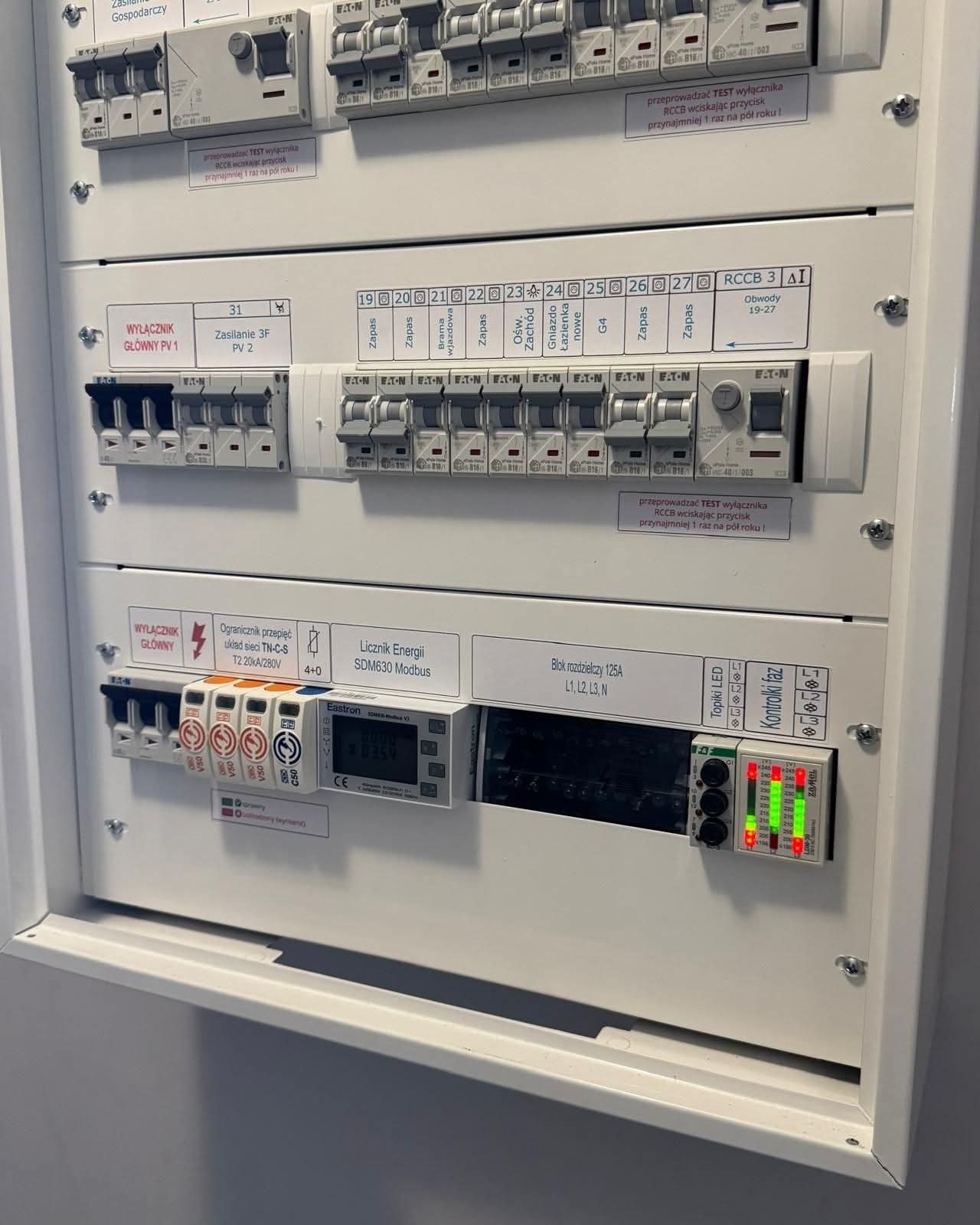 Rozdzielnica elektryczna z wyłącznikami, licznikiem energii i kontrolkami faz. Widoczne zabezpieczenia przepięciowe i oznaczenia obwodów. Biała obudowa, schludny montaż.