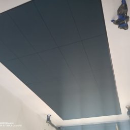 Usługi Transportowe - Pomysłowo pomalowany sufit na ciemny kolor, z wyraźnymi liniami podziału na panele. Widoczne zabezpieczenia taśmą malarską przy ścianach.
