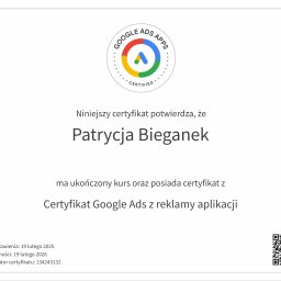 Certyfikat Google Ads z reklamy aplikacji