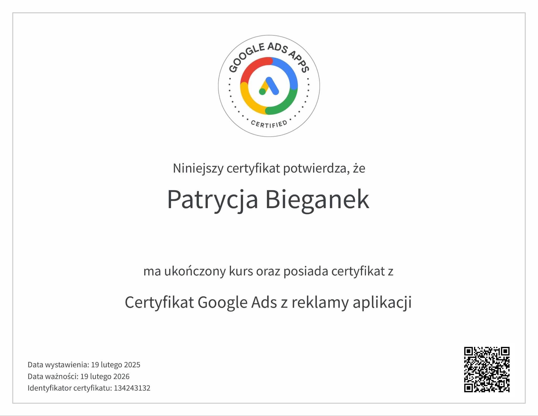 Certyfikat Google Ads z reklamy aplikacji