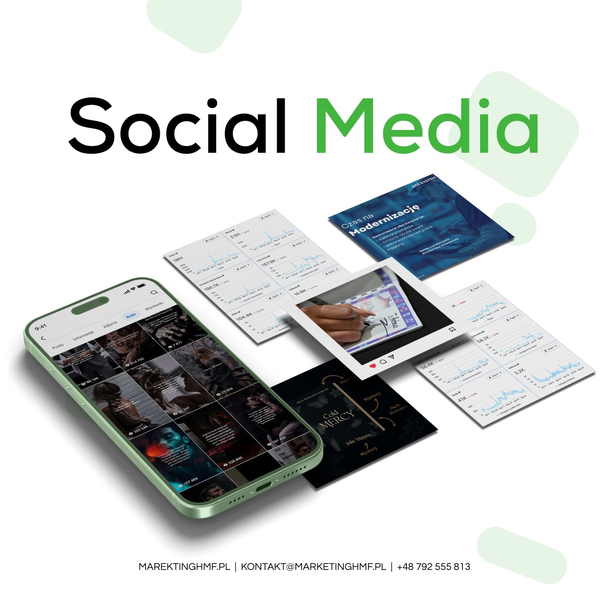 Prezentacja Social Media: smartfon z Instagramem, wykresy wzrostu, ulotka 'Czas na Modernizację' i okładka książki 'Cold Mercy'. Całość w jasnej, nowoczesnej kompozycji.