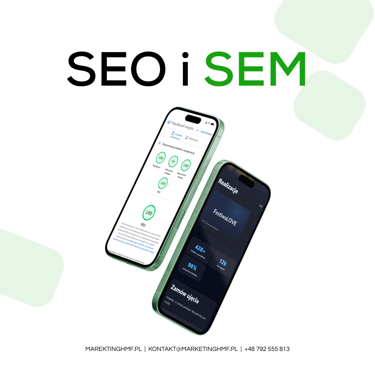 Dwa smartfony z wynikami analizy SEO i SEM, prezentujące dane o wydajności strony i realizacjach. Widoczne statystyki, takie jak ocena 100/100 i liczba godzin w powietrzu.