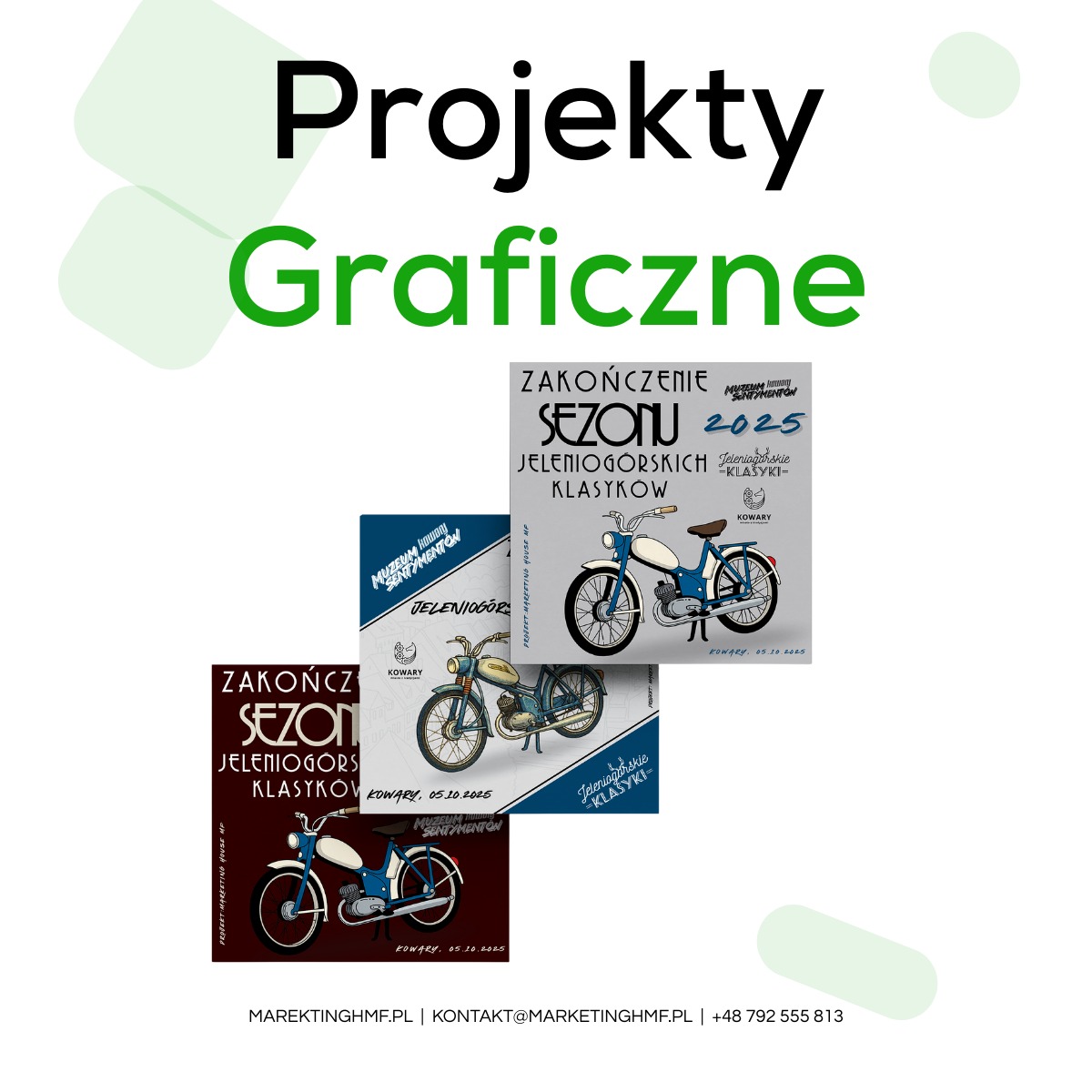 Projekty graficzne: plakaty reklamowe z ilustracjami motocykli retro, nawiązujące do zakończenia sezonu Jelenigórskich Klasyków, z elementami identyfikacji wizualnej.
