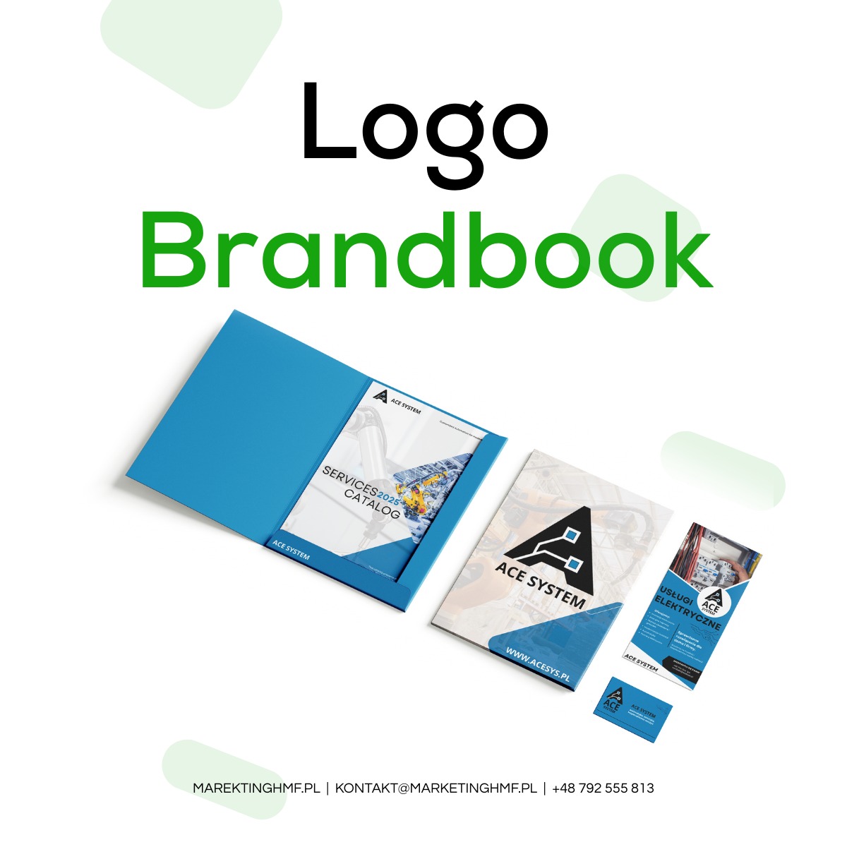Brandbook firmy ACE SYSTEM z katalogiem, ulotką i wizytówką na białym tle, prezentujący identyfikację wizualną i usługi elektryczne.