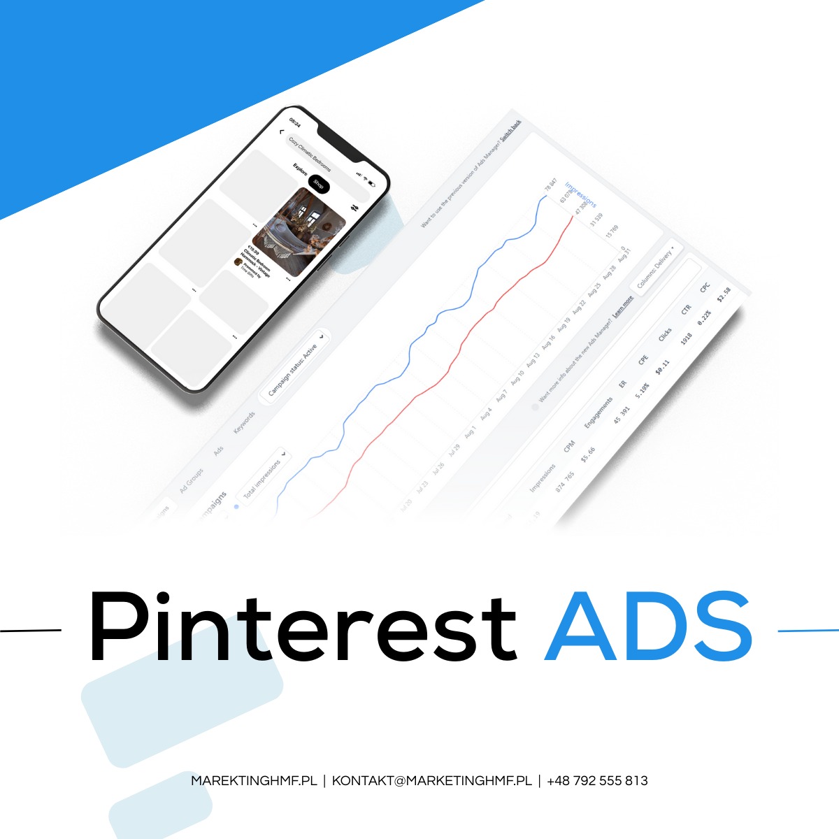 Analiza kampanii Pinterest Ads na ekranie smartfona i wykres słupkowy. Prezentacja danych analitycznych z platformy reklamowej Pinterest.