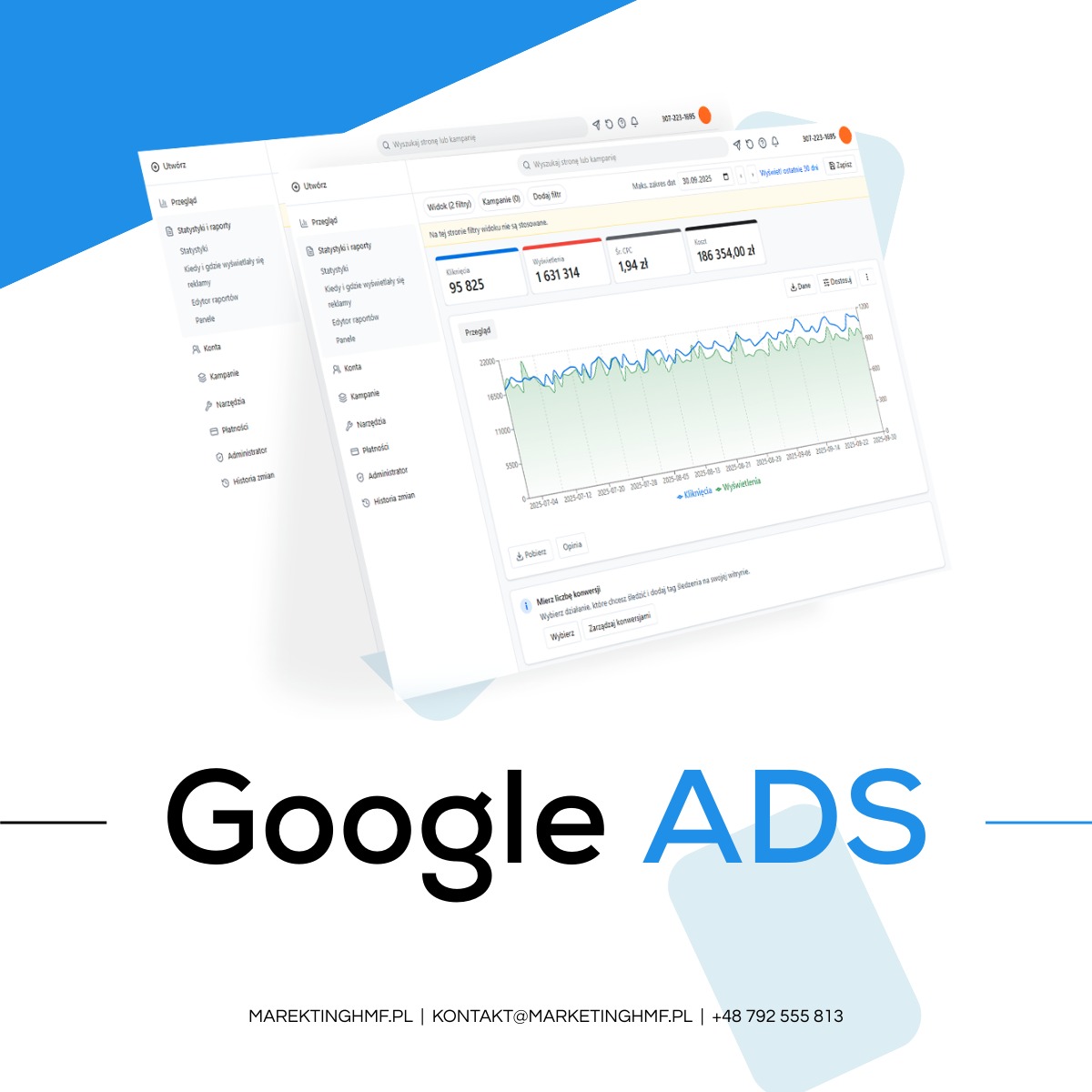 Panel Google Ads z wykresem kliknięć i wyświetleń kampanii reklamowej. Widoczne statystyki, koszty i dane. Tekst 'Google ADS' na dole.