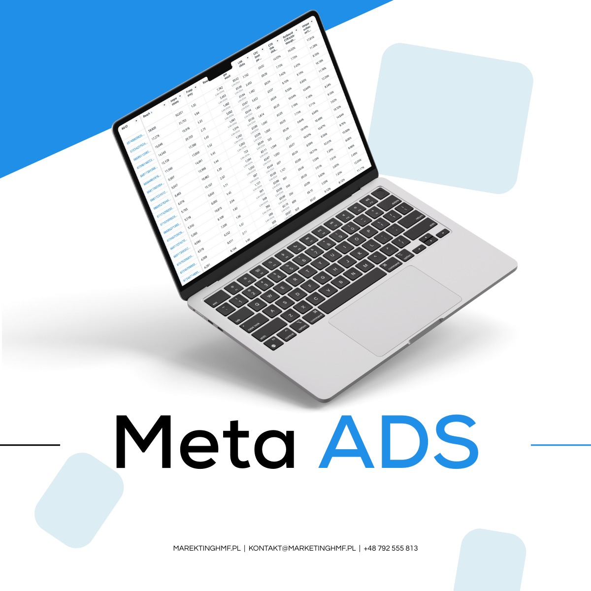 Laptop z otwartą kartą Meta ADS, prezentujący dane w tabeli. Widoczny fragment klawiatury i logo Meta ADS. Układ ukośny, minimalistyczne tło z elementami graficznymi.