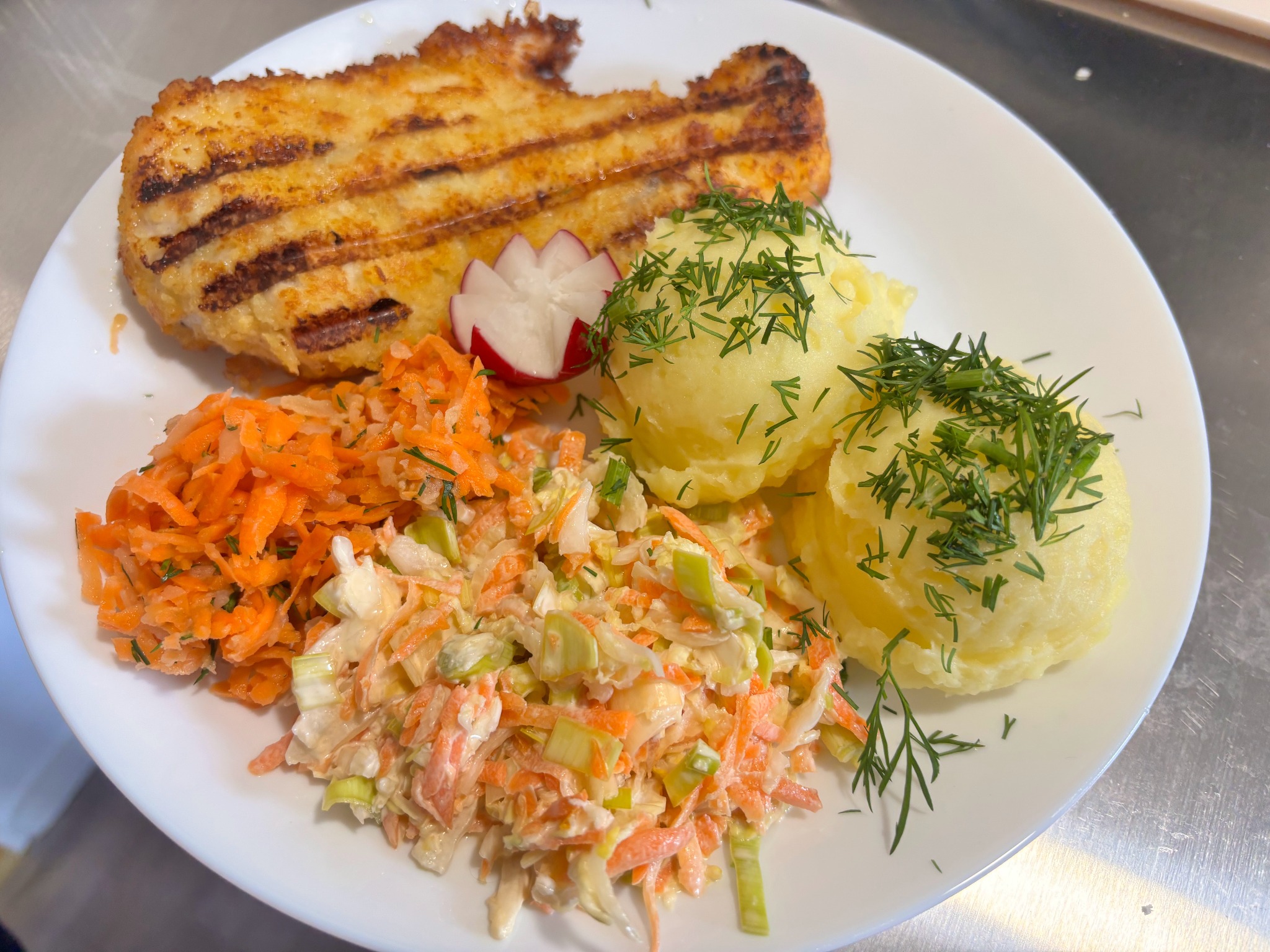 Elegancko podane danie: ryba z grilla, puree ziemniaczane z koperkiem, surówka z marchwi i sałatka colesław na białym talerzu. Dekoracja z rzodkiewki.