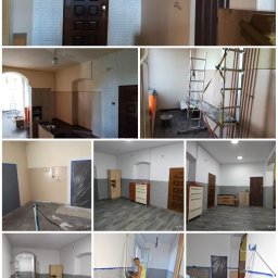 Nowy start - Etapy remontu: od surowych ścian z instalacjami po wykończone wnętrze z nową podłogą, pomalowanymi ścianami i zamontowanymi meblami. Widoczne narzędzia i materiały budowlane.