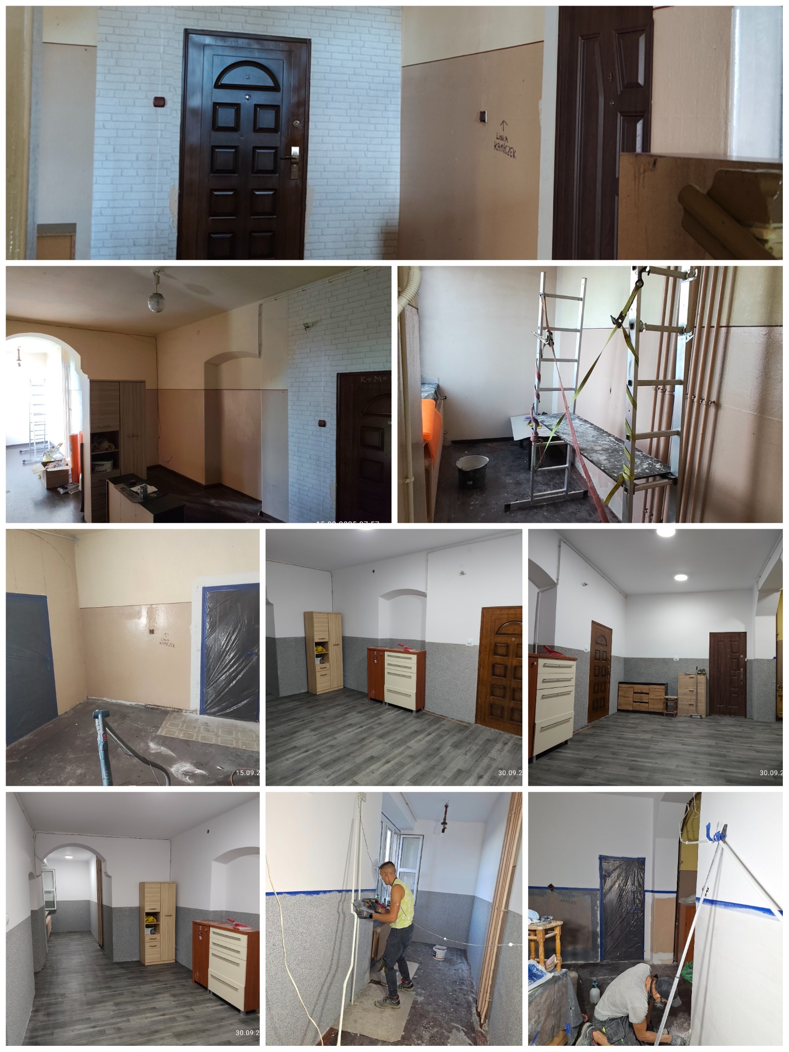 Etapy remontu: od surowych ścian z instalacjami po wykończone wnętrze z nową podłogą, pomalowanymi ścianami i zamontowanymi meblami. Widoczne narzędzia i materiały budowlane.