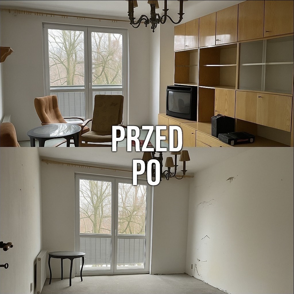 Pokój w bloku w ujęciu 'przed i po' odświeżeniu. Na górze meble, krzesła i telewizor, na dole puste ściany i okno balkonowe. Widoczne ślady po remoncie.