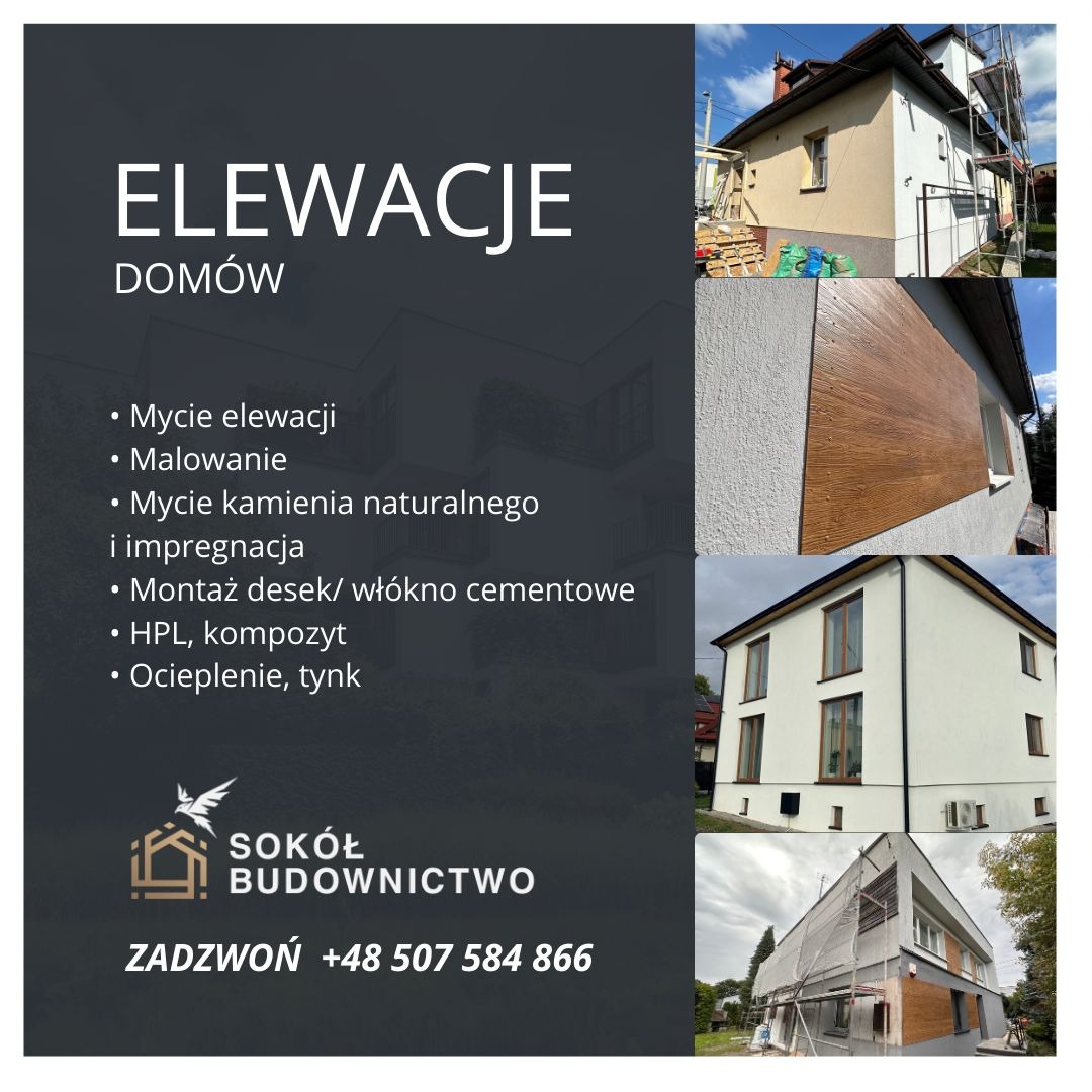 Elewacje domów: mycie, malowanie, montaż desek, ocieplenie. Budynek po renowacji z elementami drewnopodobnymi. Sokół Budownictwo, kontakt +48 507 584 866.