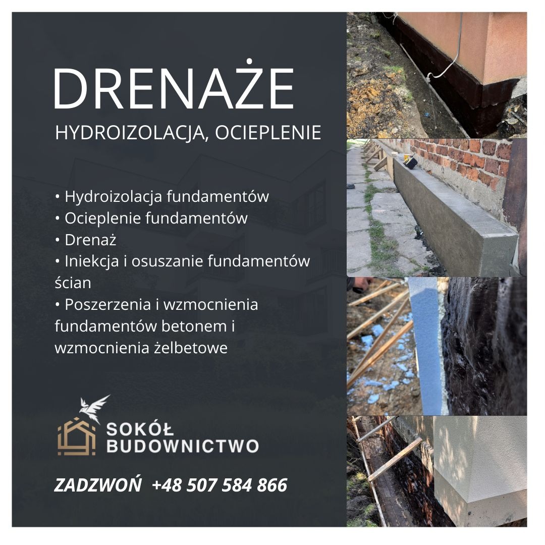 Hydroizolacja fundamentów: drenaż, ocieplenie, iniekcja i osuszanie ścian. Poszerzenie i wzmocnienie fundamentów betonem i żelbetem. Prace ziemne i izolacyjne.
