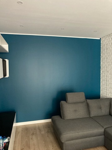 Ściana pomalowana na ciemny turkus w salonie z szarą sofą i fragmentem ściany z białej cegły. Widoczne oświetlenie sufitowe i drewniana podłoga.