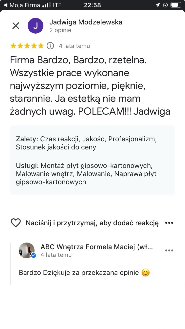 Zrzut ekranu pozytywnej opinii klientki Jadwigi Modzelewskiej, polecającej firmę za rzetelność, jakość i estetykę wykonanych prac. Wymienione usługi: płyty G-K, malowanie.