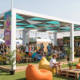 Mateusz Rakowicz - Otwarta przestrzeń eventowa z białym zadaszeniem, kolorowymi pufami i krzesłami. W tle widoczny tłum ludzi i dekoracje festiwalowe. Słoneczny dzień.