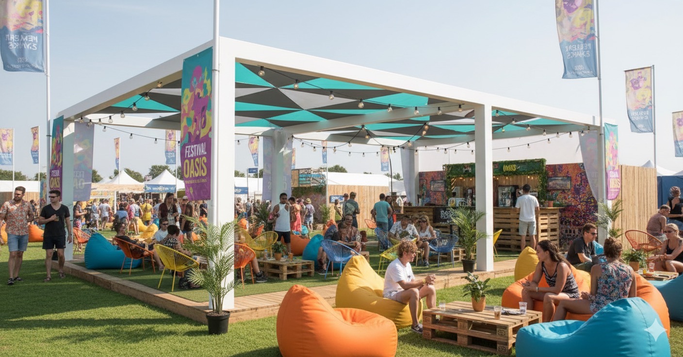 Otwarta przestrzeń eventowa z białym zadaszeniem, kolorowymi pufami i krzesłami. W tle widoczny tłum ludzi i dekoracje festiwalowe. Słoneczny dzień.